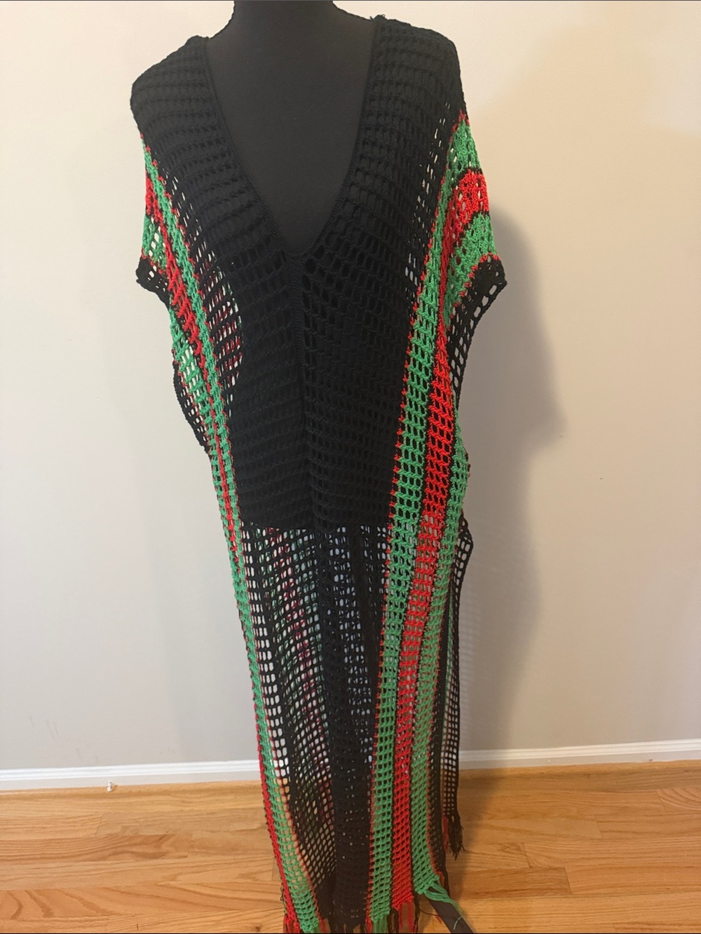 Women’s Crochet Swim Coverup - Black with Red & Green Stripes